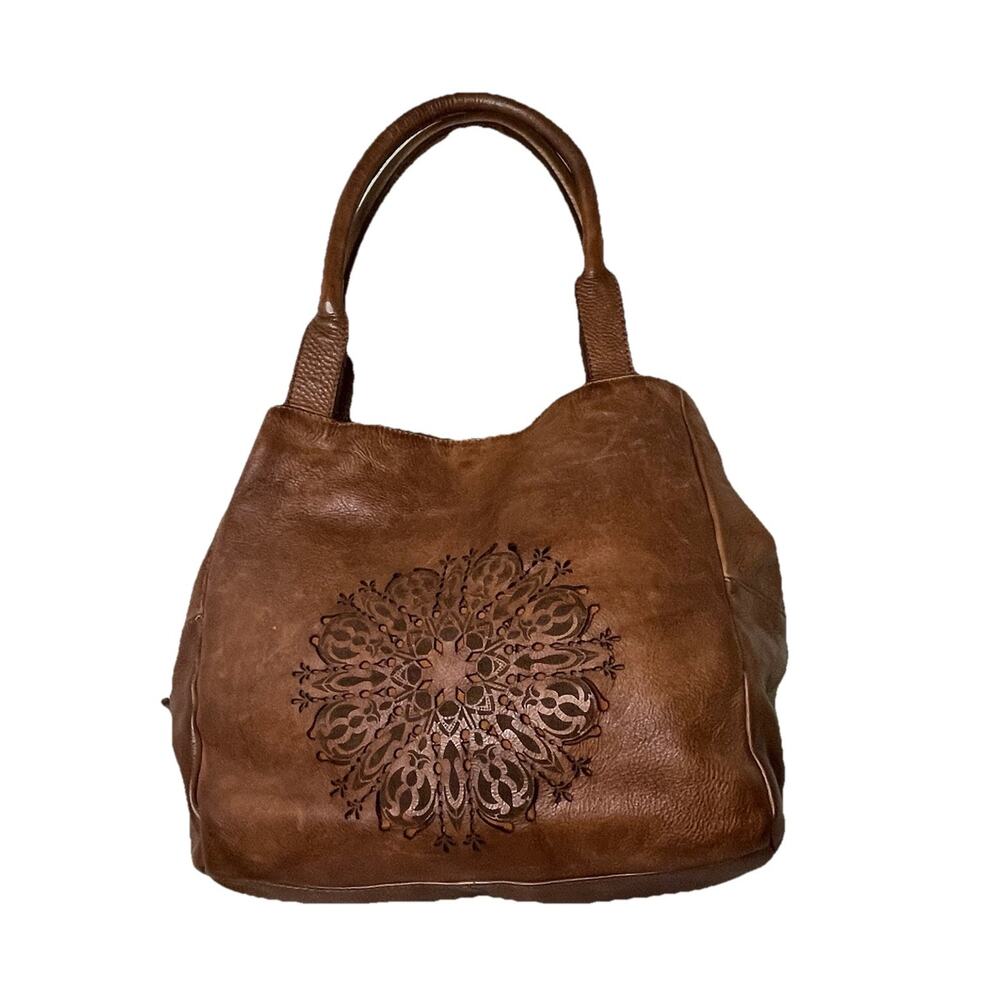 Brown Boho Leather Shoulder Bag Perforated Cut-out Mandala Made In India
